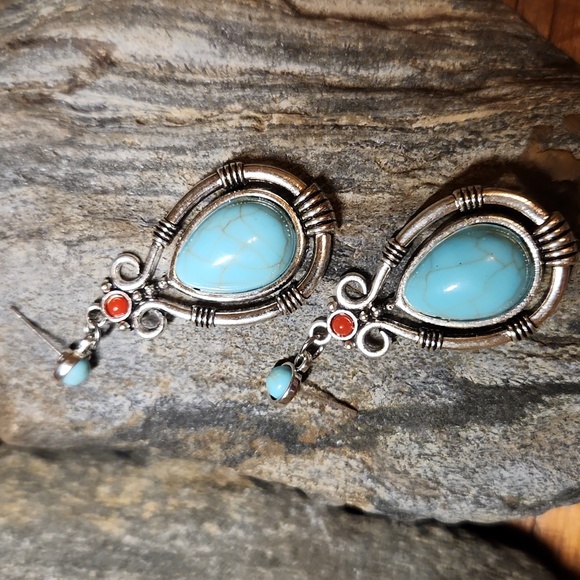 Silver Faux Turquoise Earrings - Picture 2 of 4